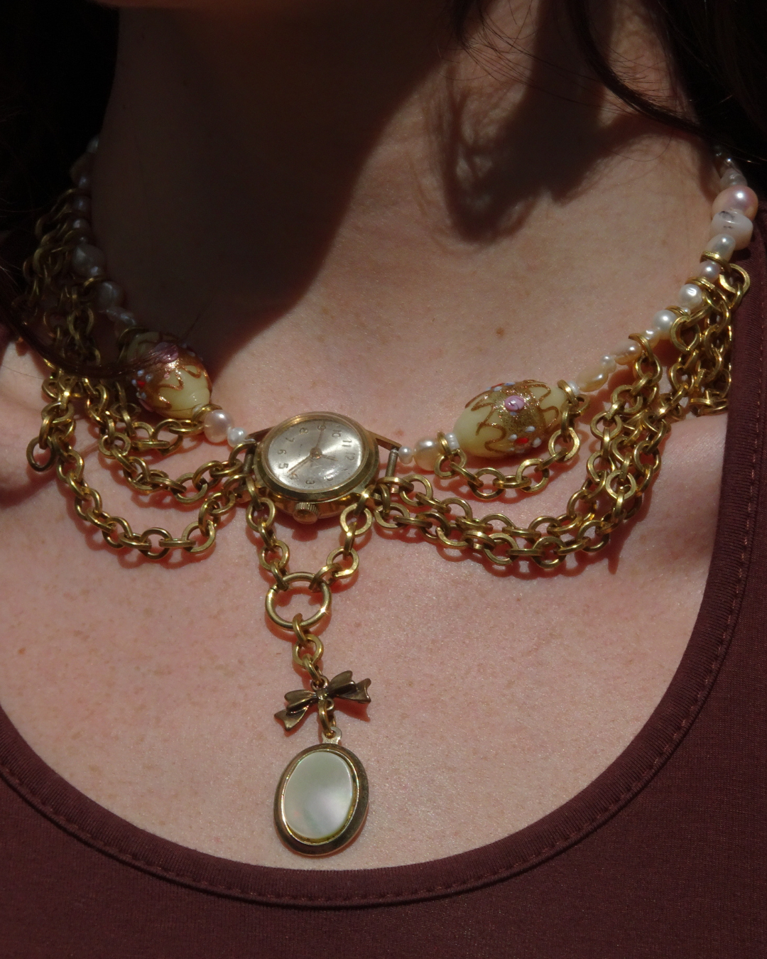 Gold Beaded Timepiece Necklace