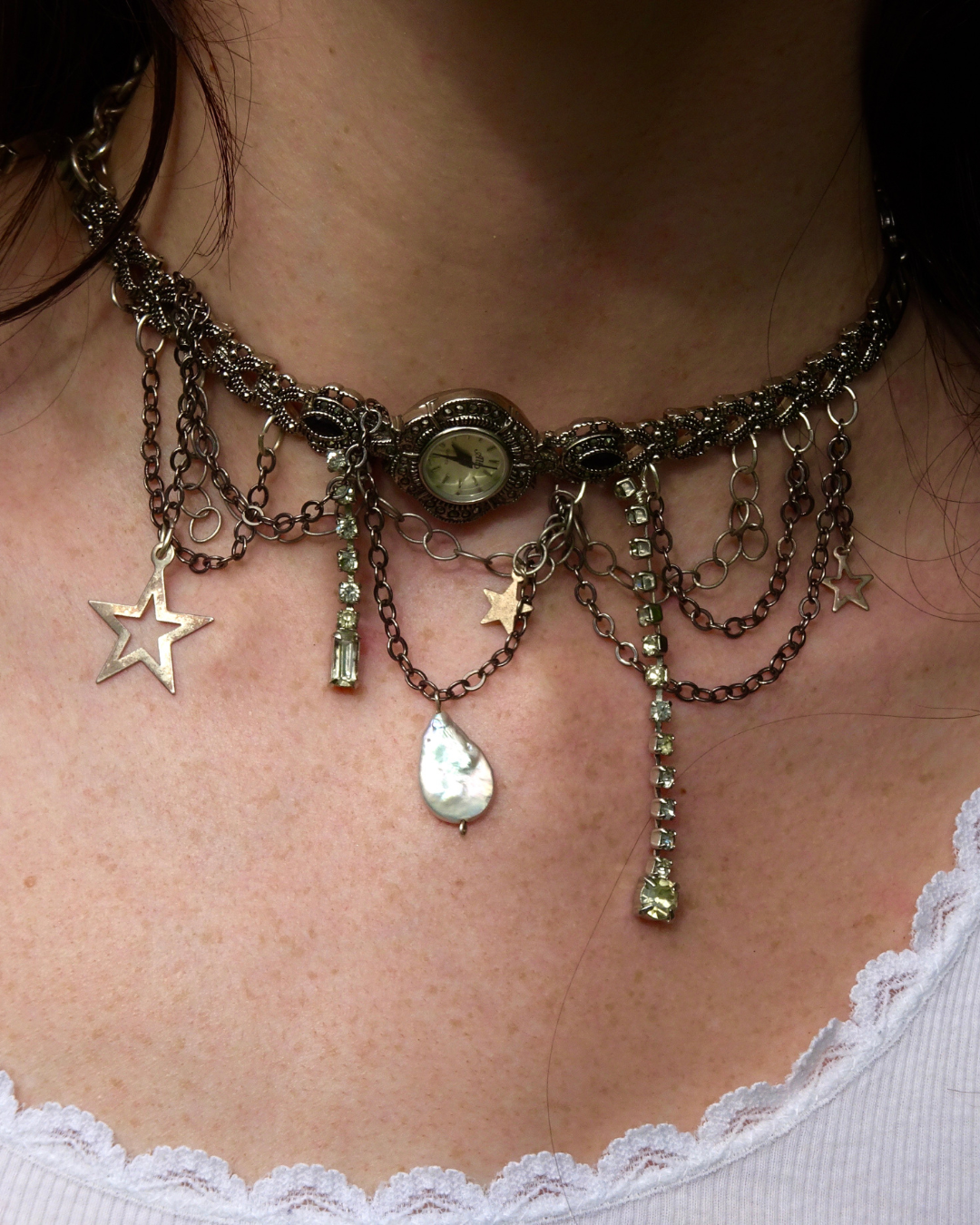 Silver Charmed Timepiece Necklace