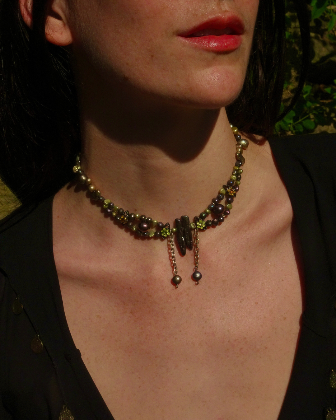 Double Drop Black Pearl Choker