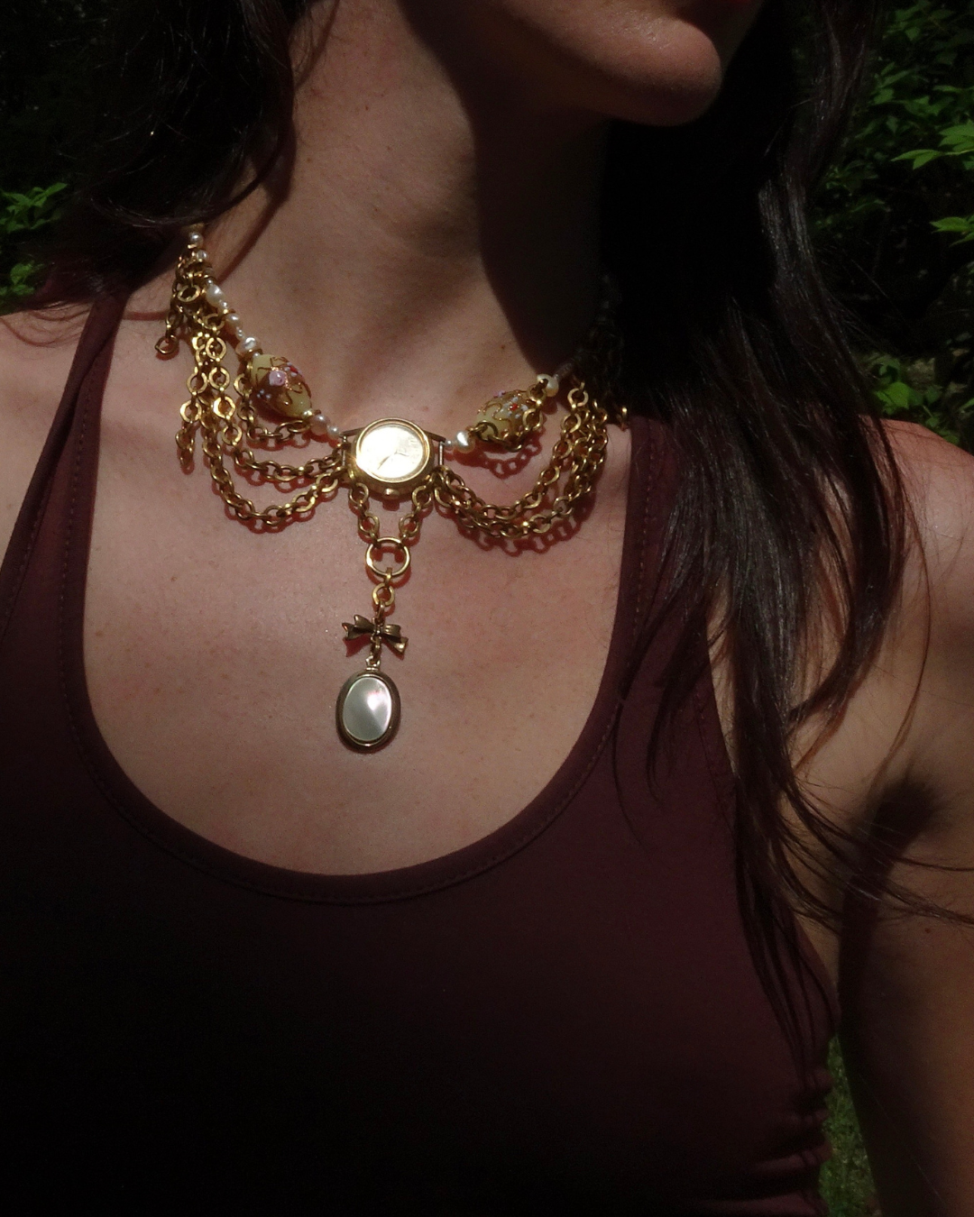 Gold Beaded Timepiece Necklace