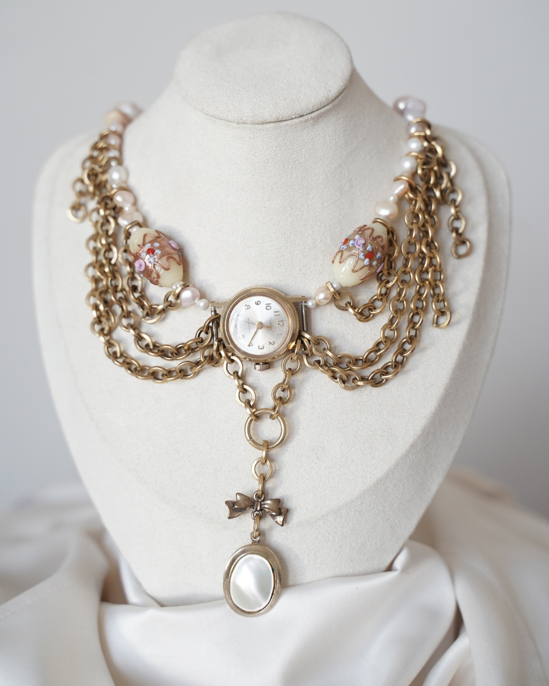 Gold Beaded Timepiece Necklace