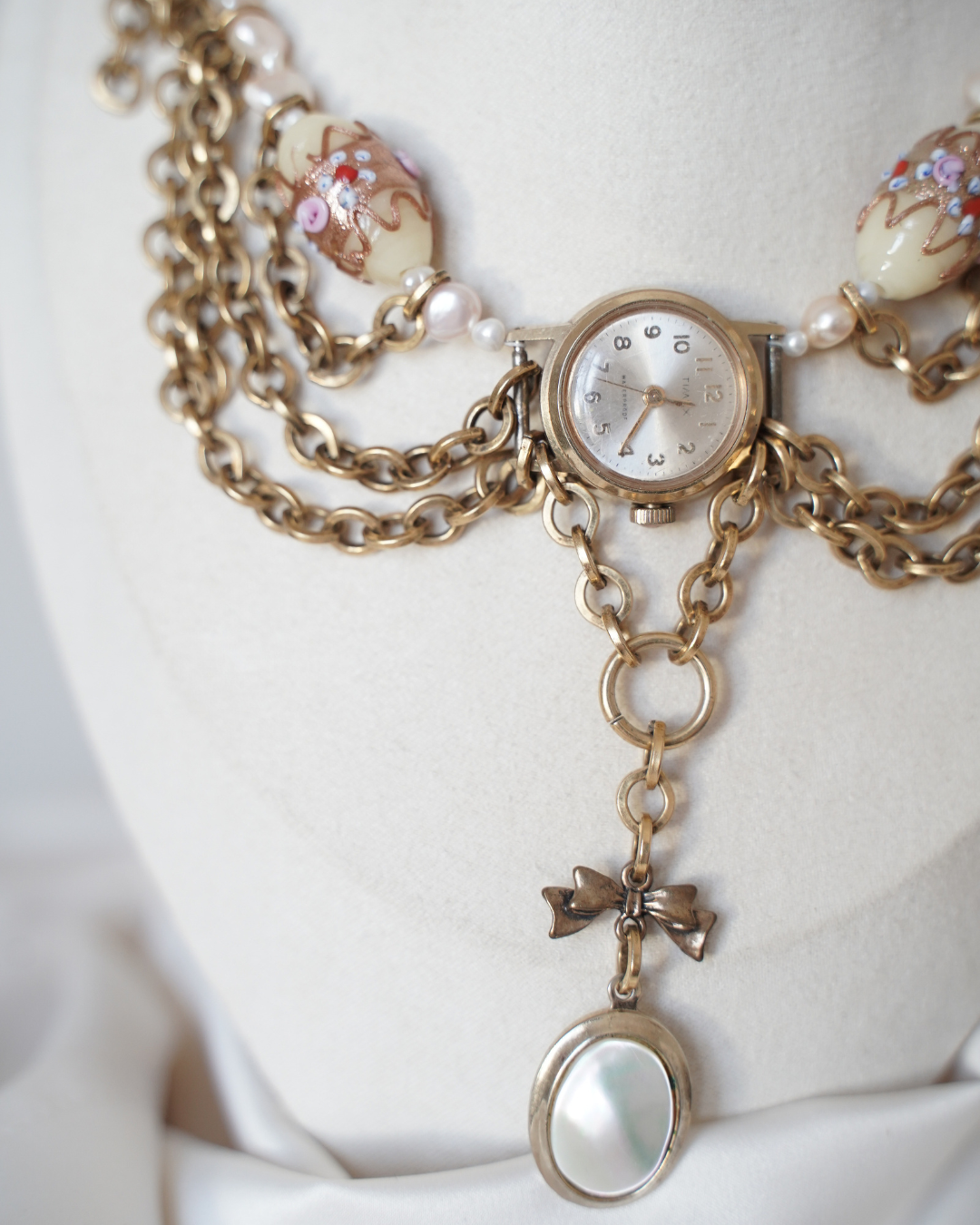 Gold Beaded Timepiece Necklace