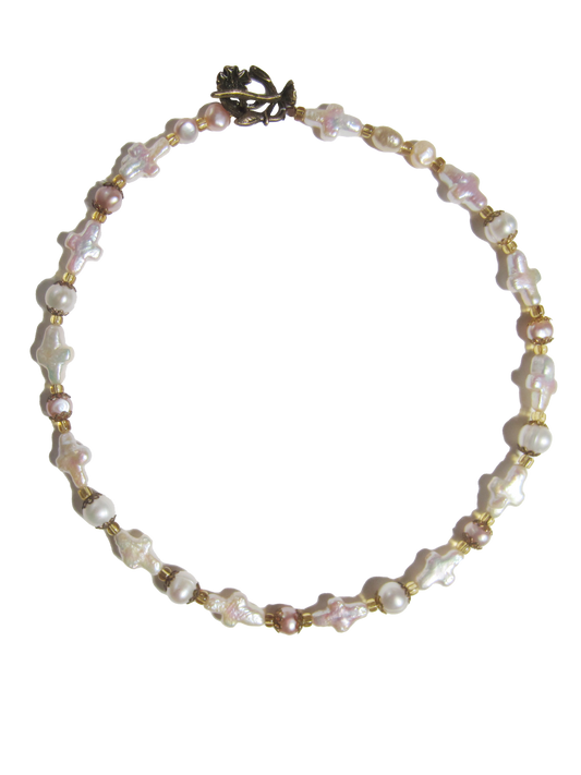 delicate cross pearl choker